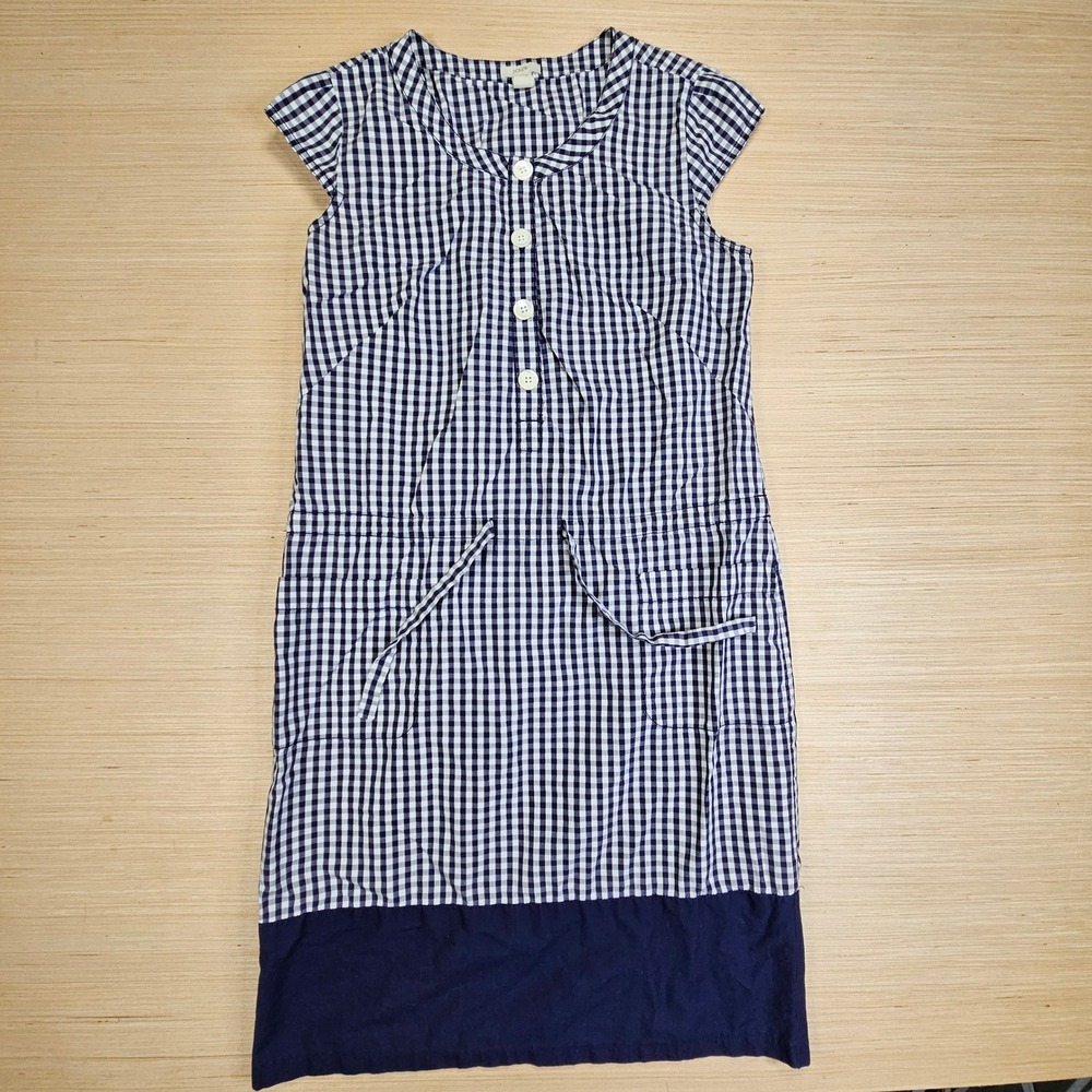 J Crew Gingham Dress Womens 6 Preppy Navy Cap Sleeve Cotton Pocket Shift 25716 - Picture 2 of 11